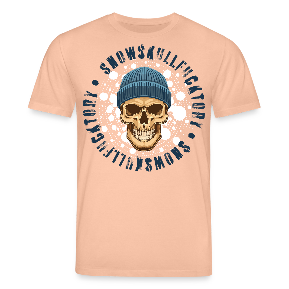 Unisex Bio-T-Shirt mit SNOWSKULL FUCKTORY PRINT Vorderseite - Pfirsich