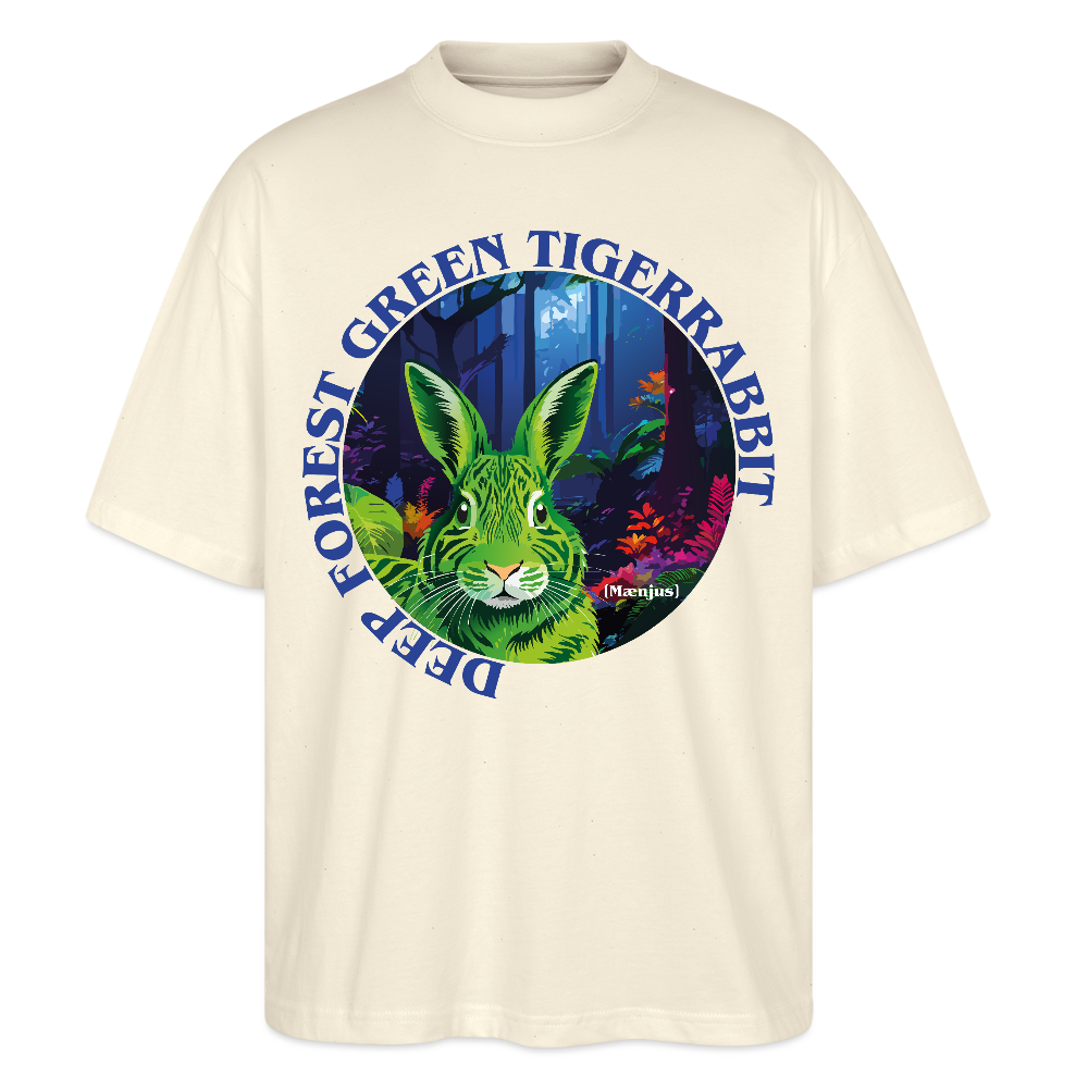 Oversized Unisex T-Shirt mit DEEP FOREST GREEN TIGERRABBIT PRINT Vorderseite - Weißgrau