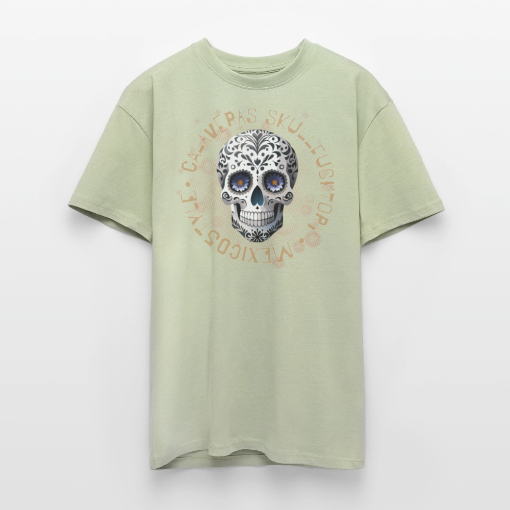 Heavy Oversize T-Shirt mit CALAVERAS SKULL PRINT Vorderseite - Leichtes Salbeigrün