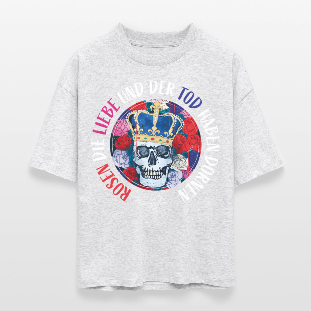 Frauen Boxy Bio-T-Shirt mit ROSEN DIE LIEBE UND DER TOD HABEN DORNEN PRINT - Weiß meliert