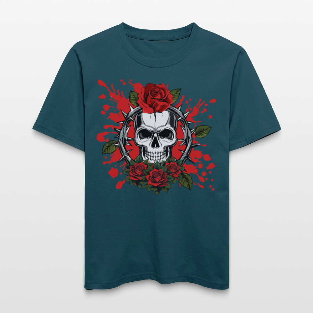 Relaxed Fit Unisex Bio-T-Shirt mit  ROSEN SKULL PRINT Vorderseite - Dunkles Petrol
