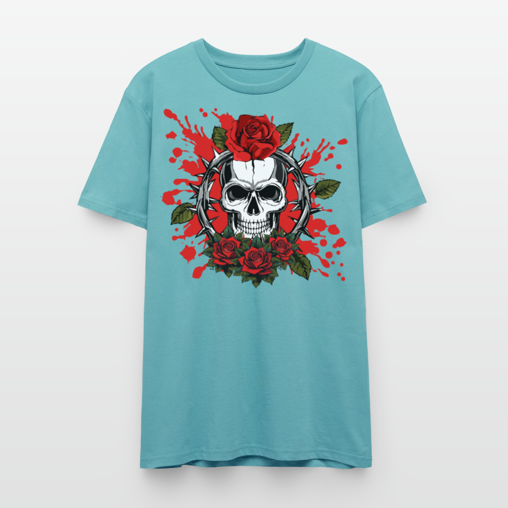 Unisex T-Shirt mit ROSEN SKULL PRINT Vorderseite - Pastelltürkis