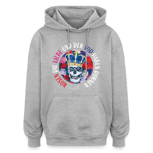 Oversized Unisex Hoodie mit ROSEN DIE LIEBE UND DER TOD HABEN DORNEN PRINT - Grau meliert