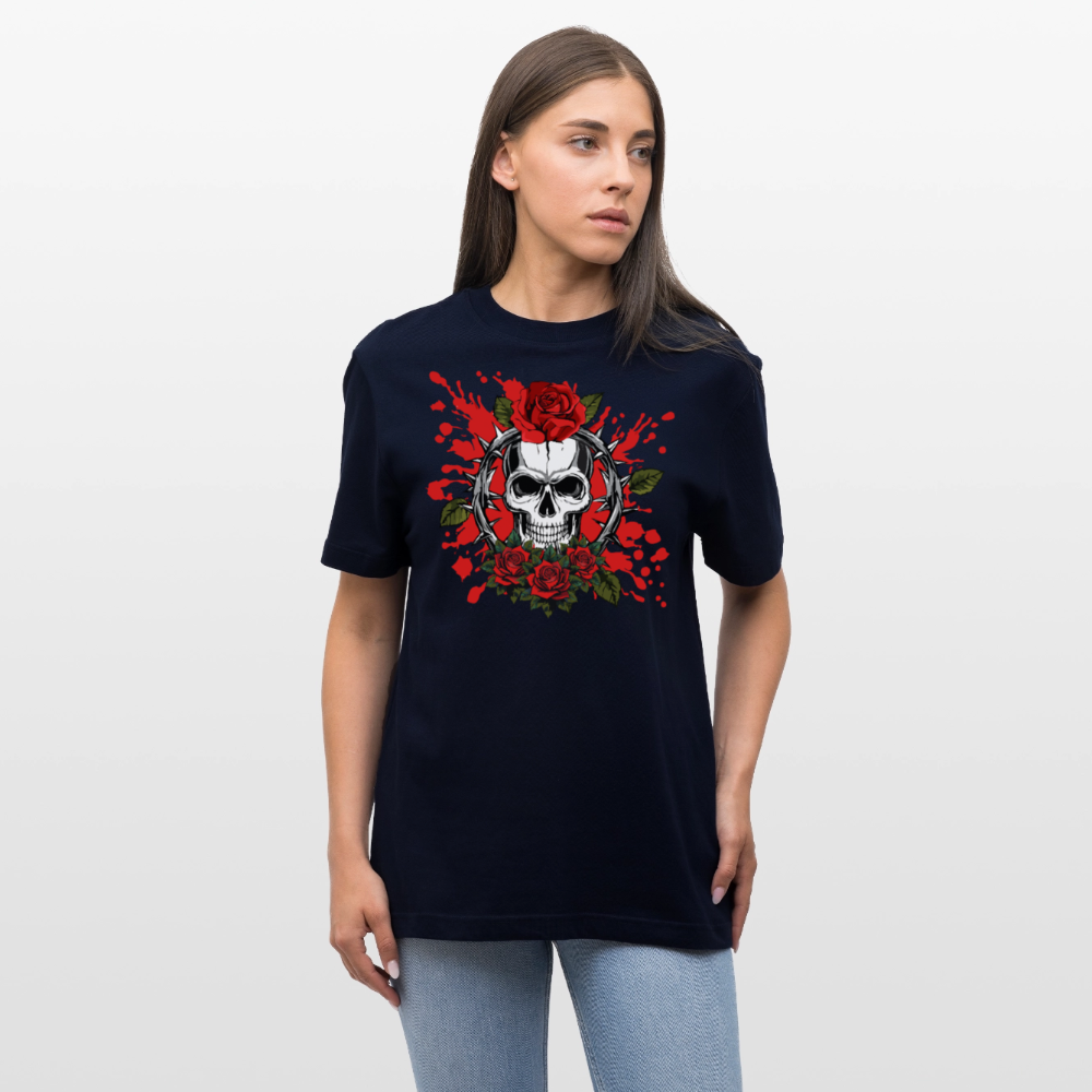 Relaxed Fit Unisex Bio-T-Shirt mit  ROSEN SKULL PRINT Vorderseite - Navy