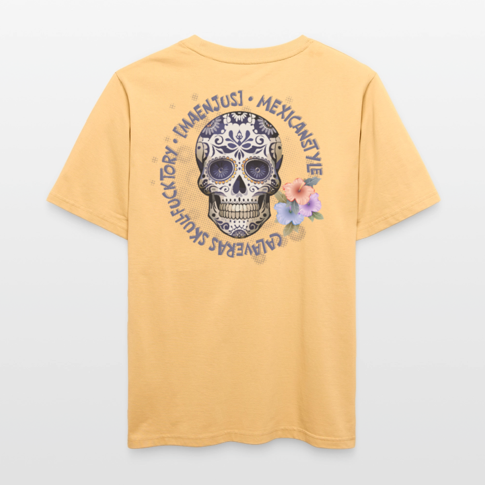Relaxed Fit Unisex Bio-T-Shirt mit MAENJUS MEXICANSTYLE PRINT Vorder- und Rückseite - Hellgelb
