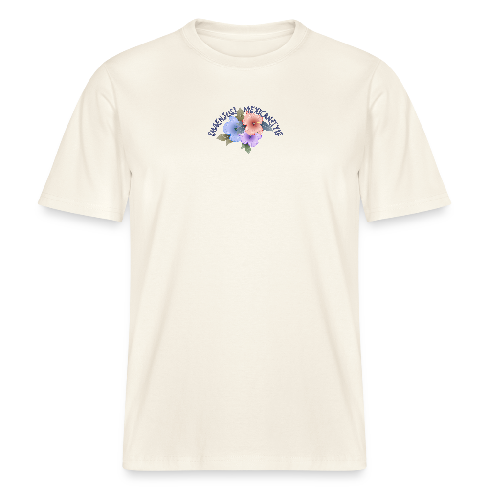 Relaxed Fit Unisex Bio-T-Shirt mit MAENJUS MEXICANSTYLE PRINT Vorder- und Rückseite - Naturweiß