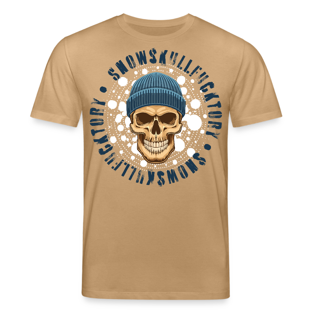 Unisex Bio-T-Shirt mit SNOWSKULL FUCKTORY PRINT Vorderseite - Karamell