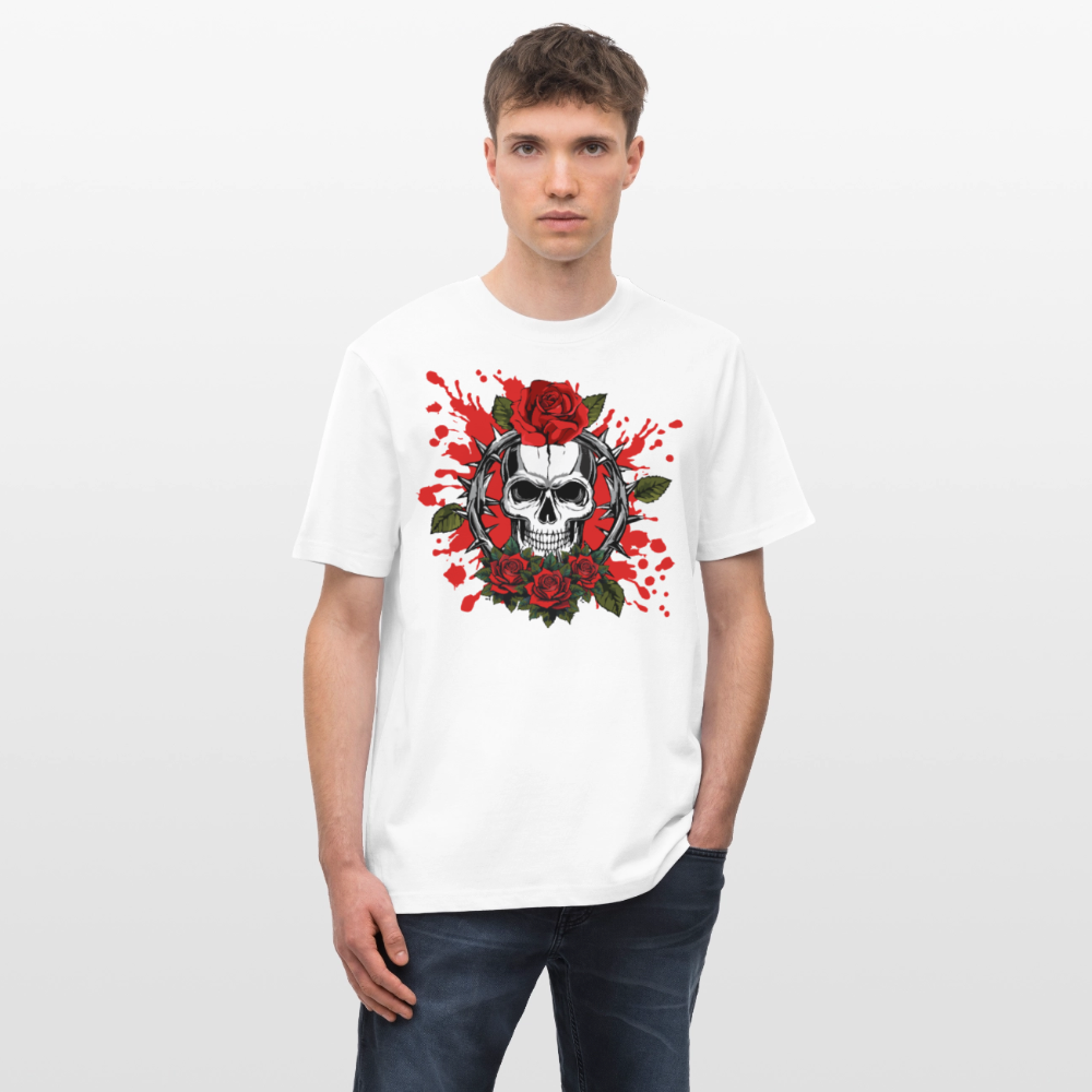 Relaxed Fit Unisex Bio-T-Shirt mit  ROSEN SKULL PRINT Vorderseite - Weiß