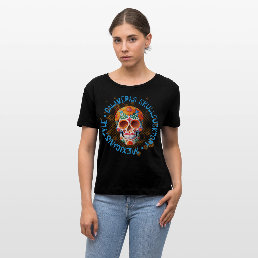 Frauen T-Shirt mit CALAVERAS SKULL PRINT - Schwarz