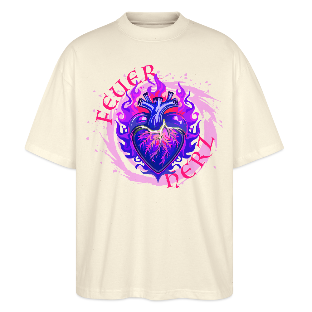 Oversized Unisex Bio T-Shirt mit FEUERHERZ LILA PRINT - Weißgrau