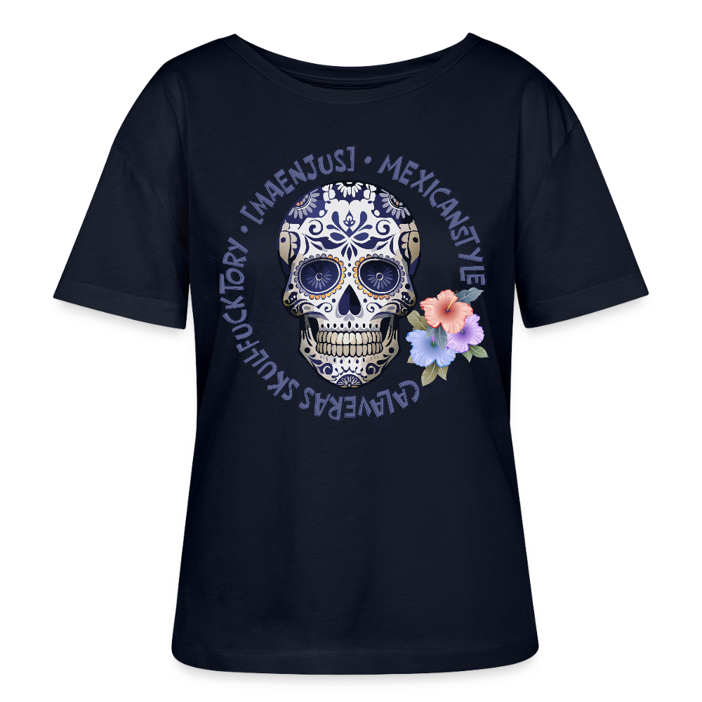 Rundhals Frauen Bio-T-Shirt mit MAENJUS MEXICANSTYLE PRINT Vorderseite - Navy