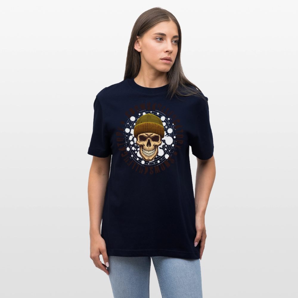 Relaxed Fit Unisex Bio-T-Shirt mit SNOWSKULL FUCKTORY PRINT Vorderseite - Navy