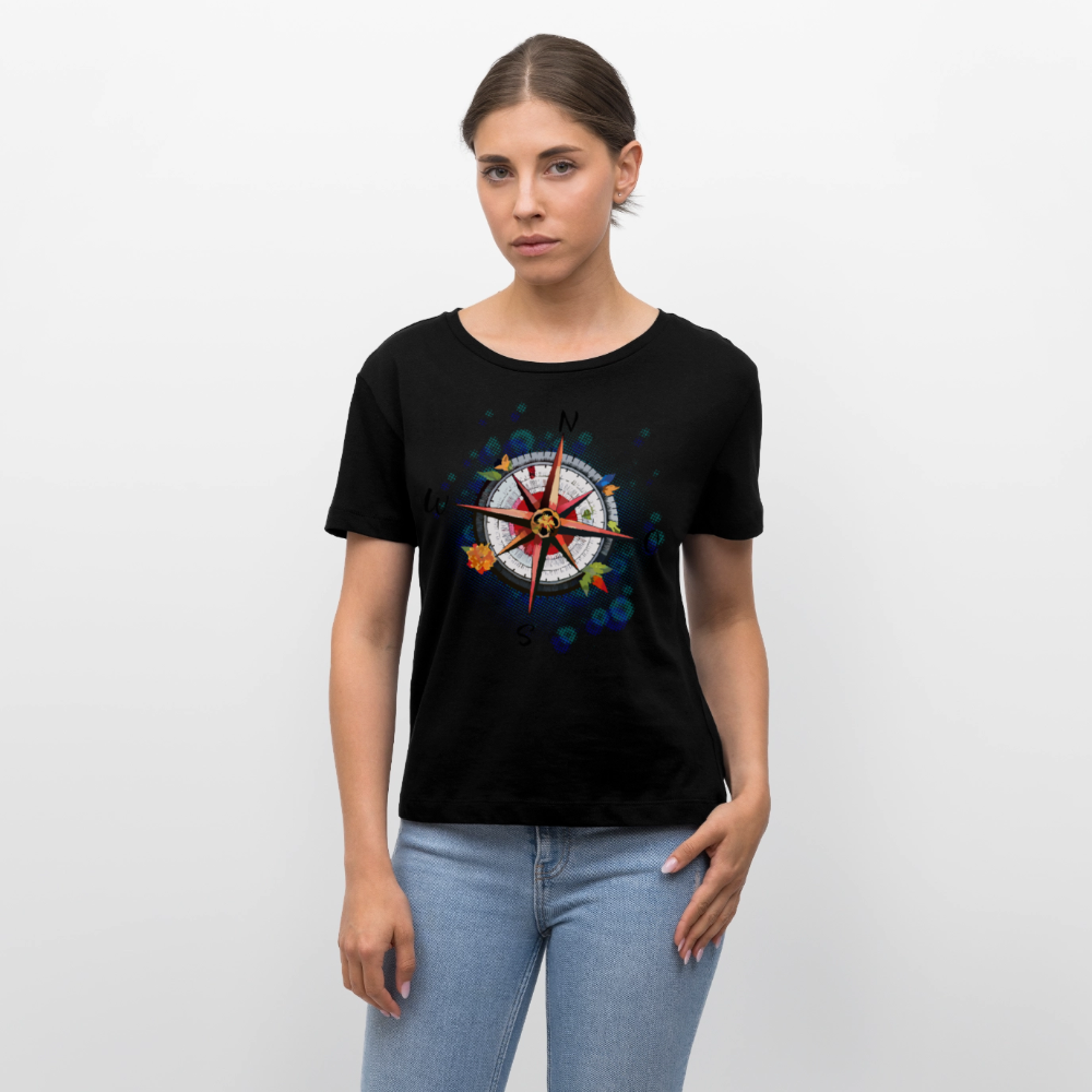 Frauen Rundhals T-Shirt mit WINDROSE PRINT - Schwarz