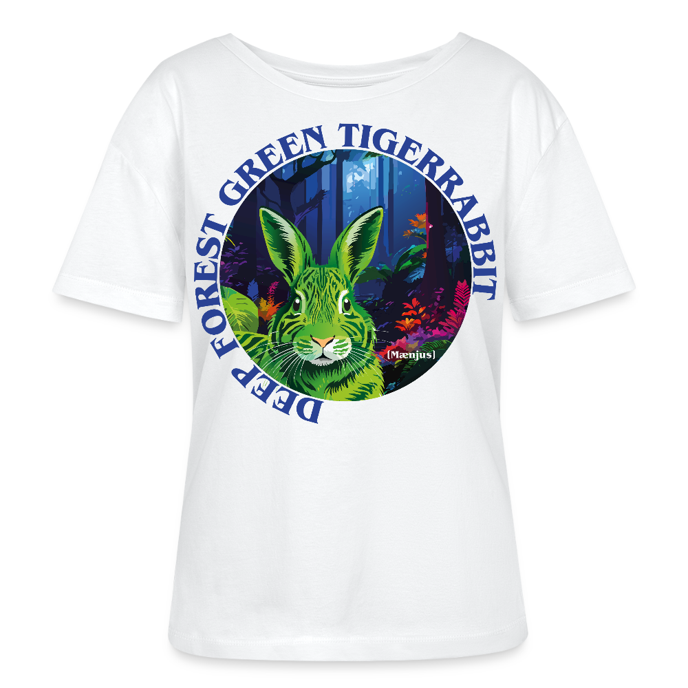 Relaxed Rundhals Frauen Bio-T-Shirt mit DEEP FOREST GREEN TIGERRABBIT PRINT Vorderseite - Weiß