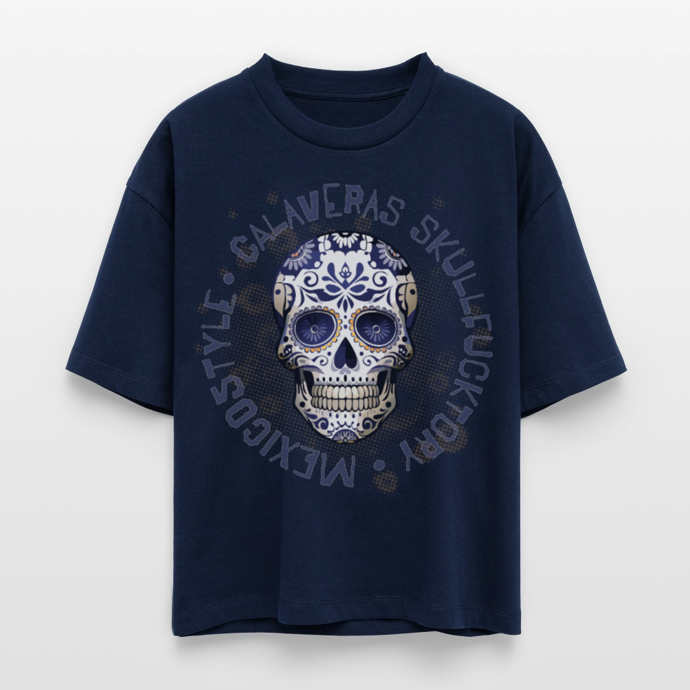 Frauen Boxy Bio-T-Shirt mit CALAVERAS SKULL PRINT - Navy