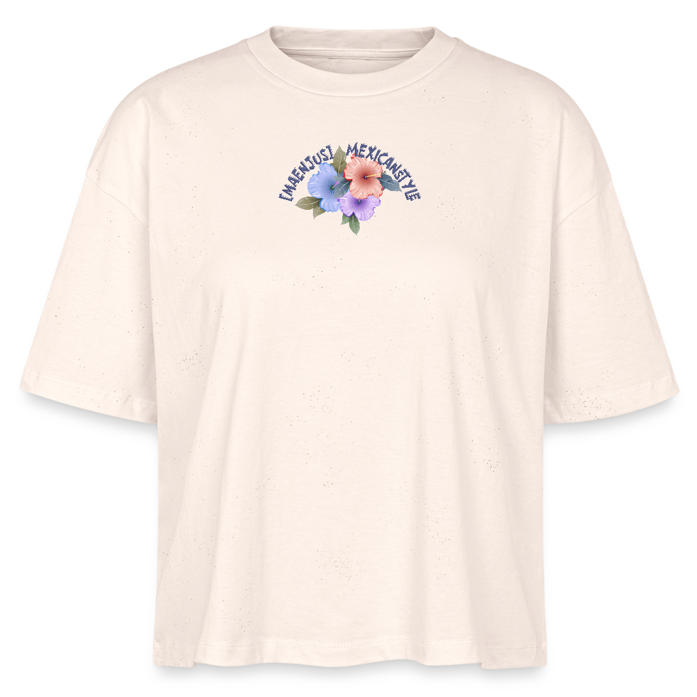 Frauen Boxy Bio-T-Shirt mit MAENJUS MEXICANSTYLE PRINT Vorder- und Rückseite - Weißgrau