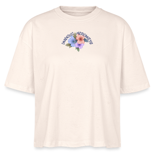 Frauen Boxy Bio-T-Shirt mit MAENJUS MEXICANSTYLE PRINT Vorder- und Rückseite - Weißgrau