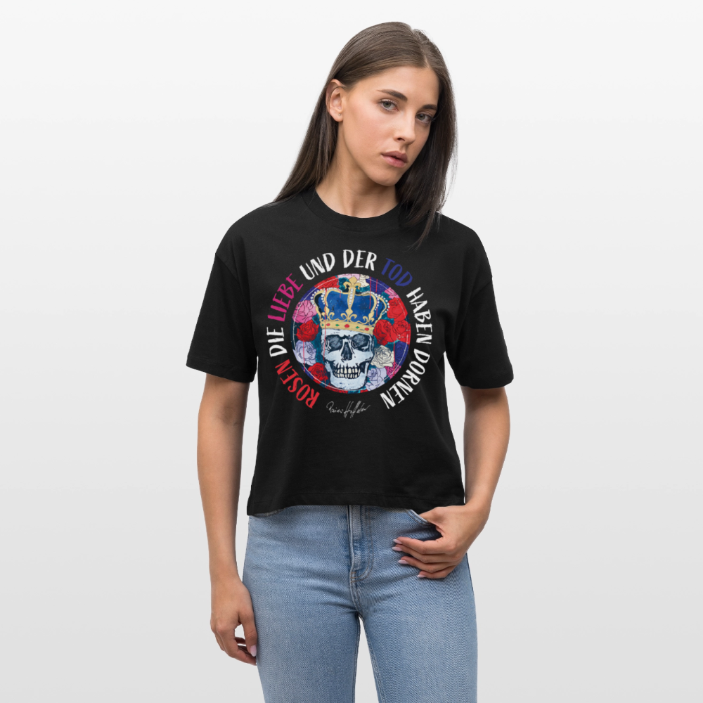 Frauen Boxy Bio-T-Shirt mit ROSEN DIE LIEBE UND DER TOD HABEN DORNEN PRINT - Schwarz