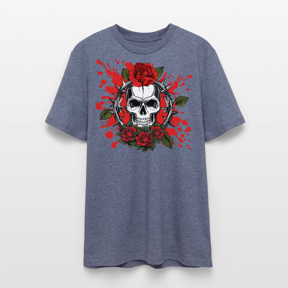 Unisex Bio-T-Shirt mit ROSEN SKULL PRINT Vorderseite - Dunkelblau meliert