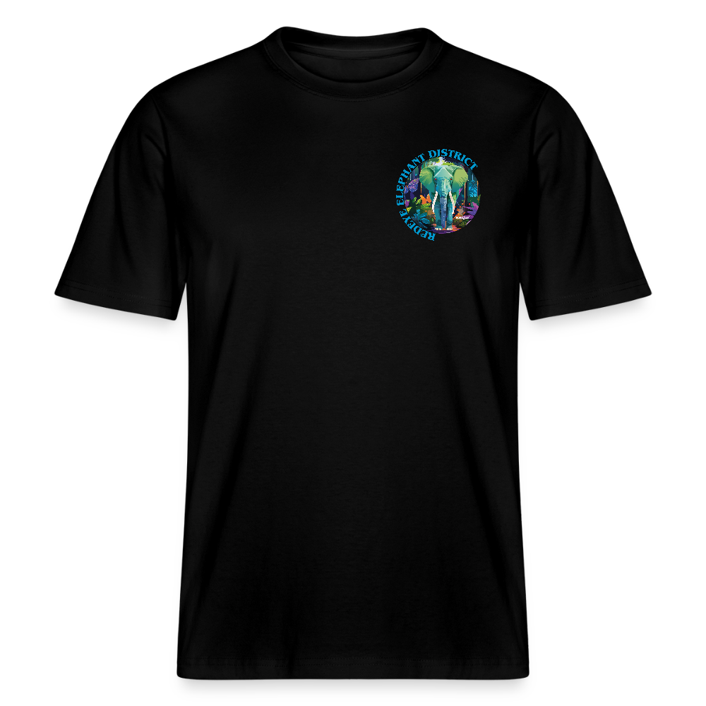 Relaxed Fit Unisex Bio-T-Shirt mit REDEYE ELEPHANT DISTRICT PRINT Vorder- und Rückseite - Schwarz