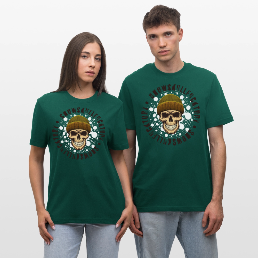 Relaxed Fit Unisex Bio-T-Shirt mit SNOWSKULL FUCKTORY PRINT Vorderseite - Forest