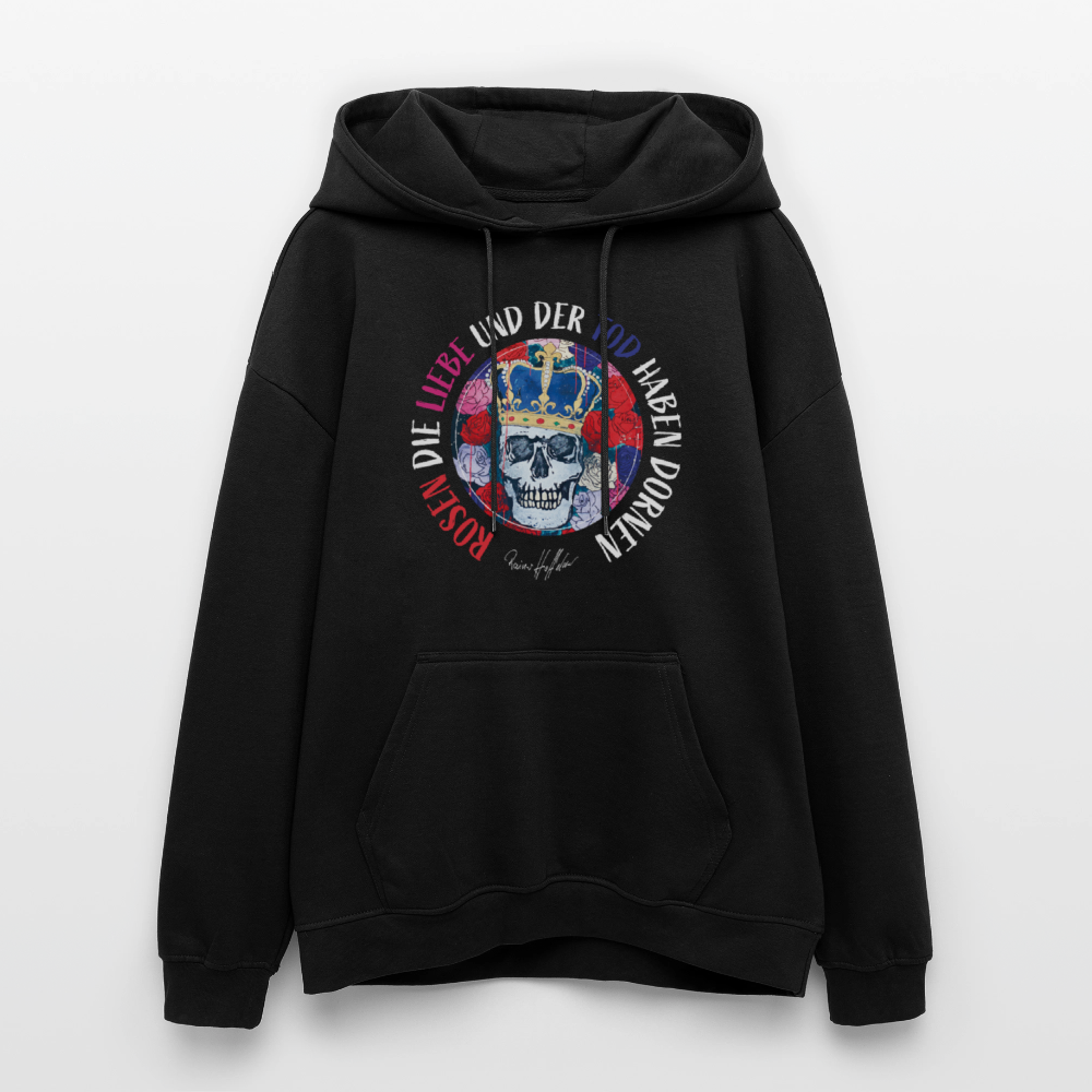 Oversized Unisex Hoodie mit ROSEN DIE LIEBE UND DER TOD HABEN DORNEN PRINT - Schwarz