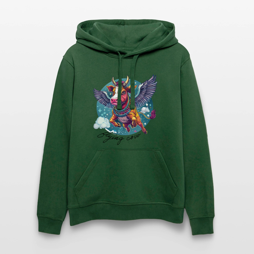 Unisex Bio-Hoodie mit FLYING COW PRINT Vorderseite - Flaschengrün