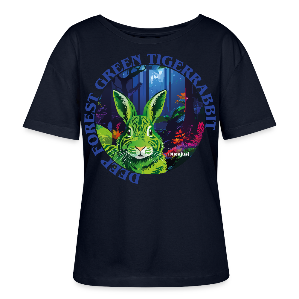 Relaxed Rundhals Frauen Bio-T-Shirt mit DEEP FOREST GREEN TIGERRABBIT PRINT Vorderseite - Navy