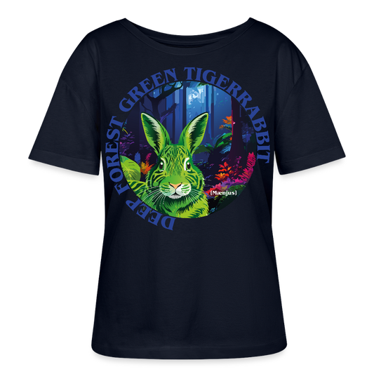 Relaxed Rundhals Frauen Bio-T-Shirt mit DEEP FOREST GREEN TIGERRABBIT PRINT Vorderseite - Navy