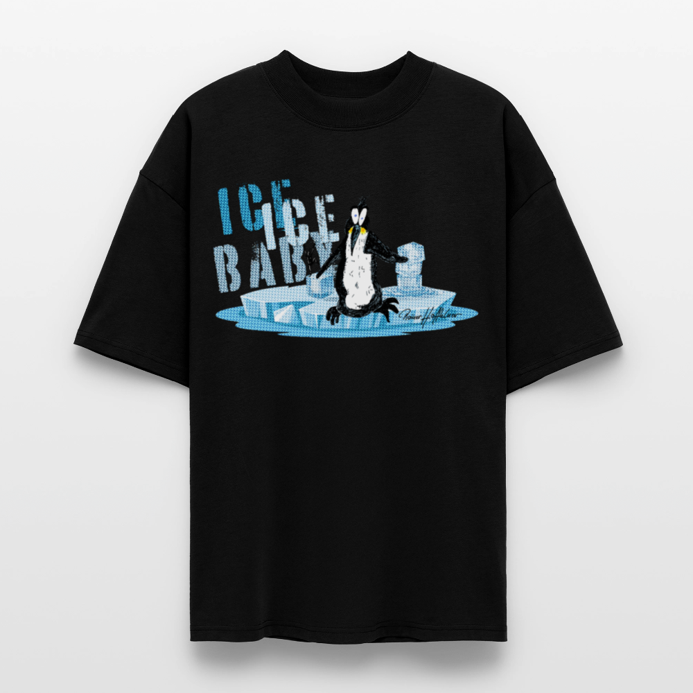 Oversized Unisex Bio T-Shirt mit ICE ICE BABY PINGUIN PRINT - Schwarz