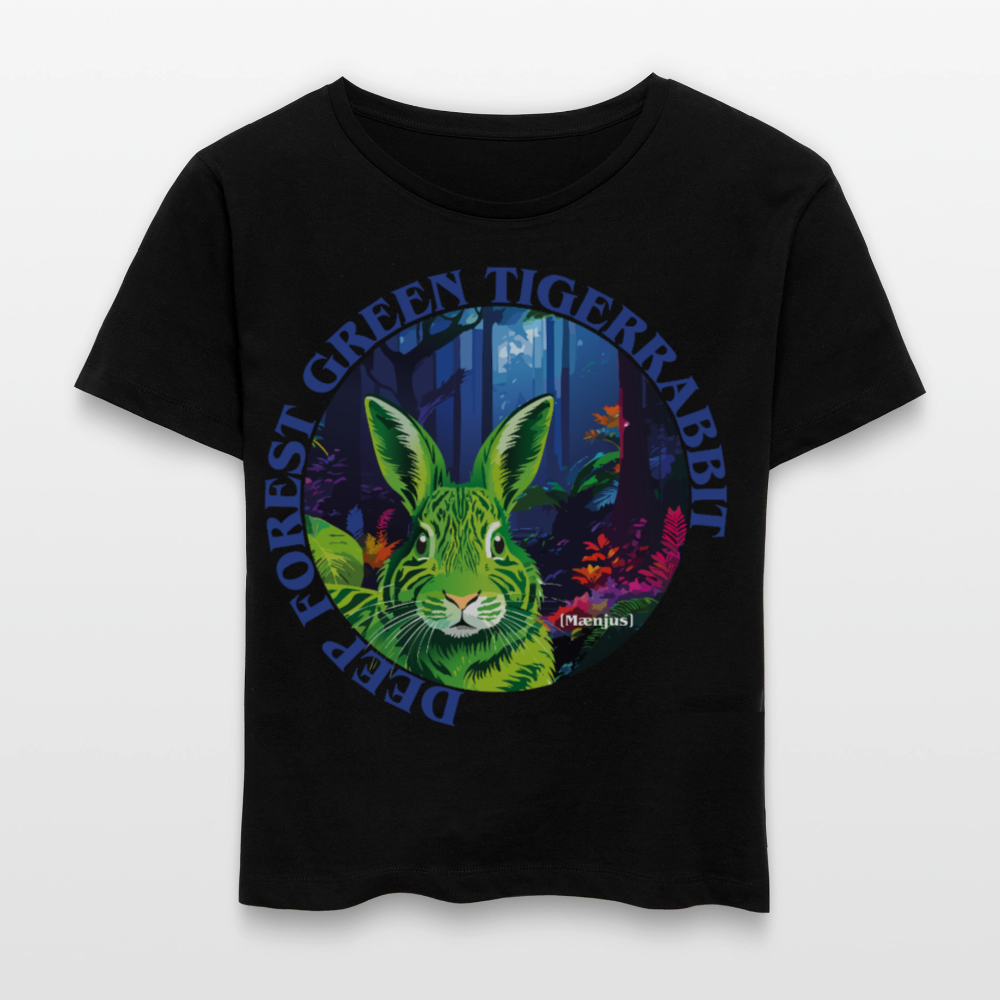 Relaxed Rundhals Frauen Bio-T-Shirt mit DEEP FOREST GREEN TIGERRABBIT PRINT Vorderseite - Schwarz