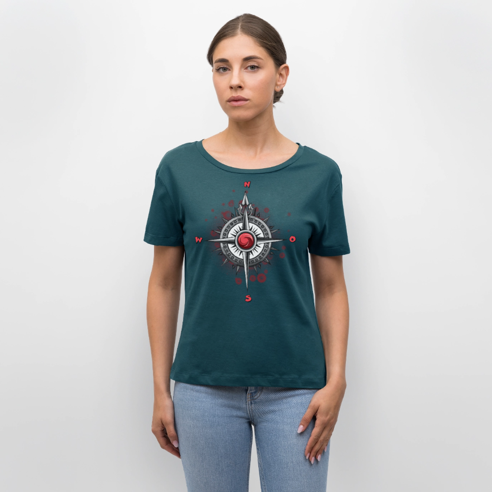 Frauen T-Shirt mit WINDROSE PRINT - Dunkles Petrol