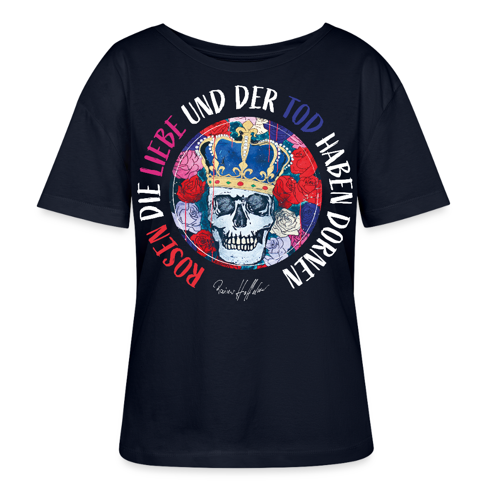 Frauen T-Shirt mit ROSEN DIE LIEBE UND DER TOD HABEN DORNEN PRINT - Navy