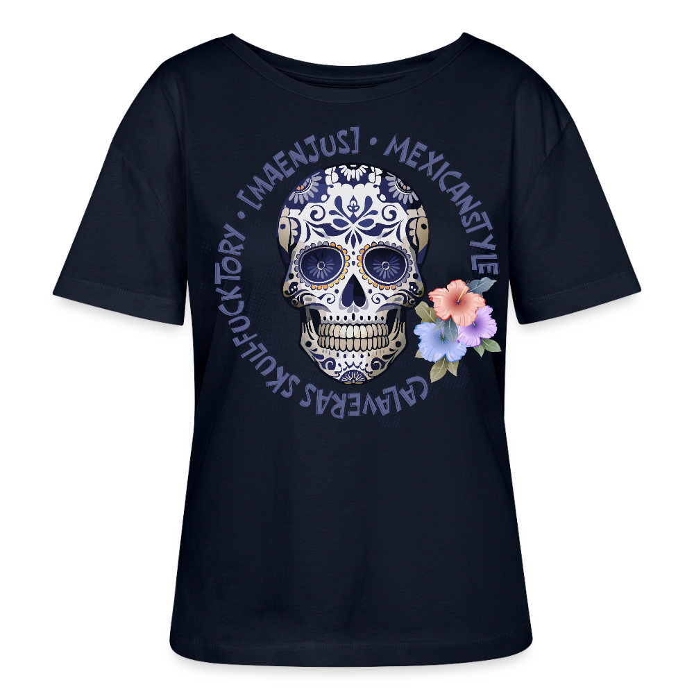 Rundhals Frauen Bio-T-Shirt mit MAENJUS MEXICANSTYLE PRINT Vorderseite - Navy