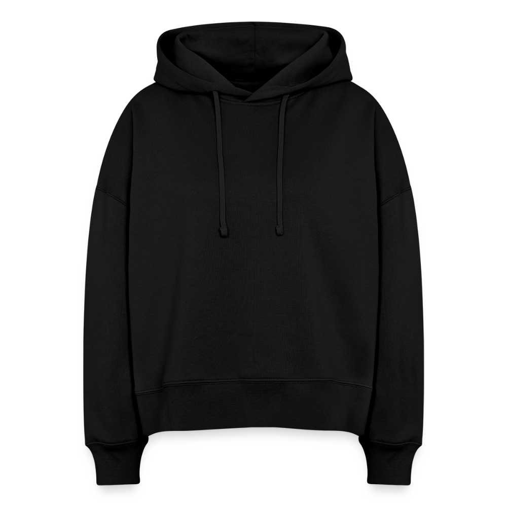 Boxy Frauen Bio Hoodie mit DELIKATEZZA SARDINE PRINT RÜCKSEITE - Schwarz