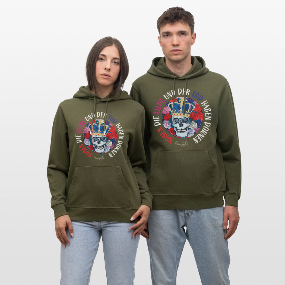 Unisex Hoodie mit ROSEN DIE LIEBE UND DER TOD HABEN DORNEN PRINT - Khaki Grün