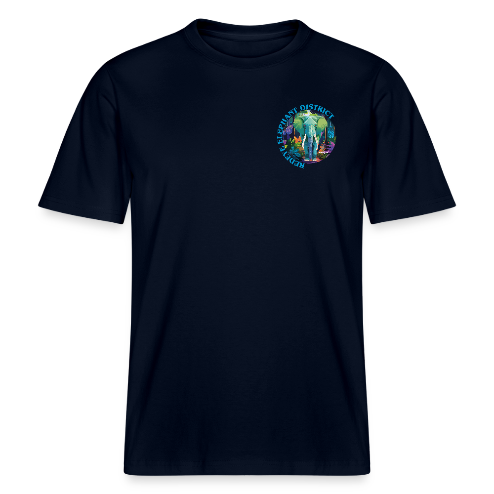 Relaxed Fit Unisex Bio-T-Shirt mit REDEYE ELEPHANT DISTRICT PRINT Vorder- und Rückseite - Navy