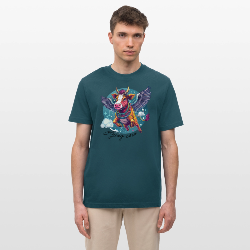 Relaxed Fit Unisex Bio-T-Shirt mit FLYING COW PRINT Vorderseite - Dunkles Petrol
