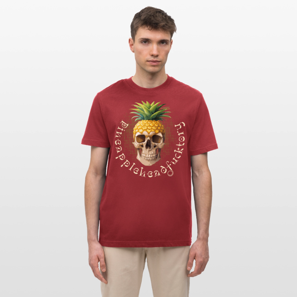 Relaxed Fit Unisex Bio-T-Shirt mit PINEAPPLE SKULL PRINT Vorderseite - Erdrot