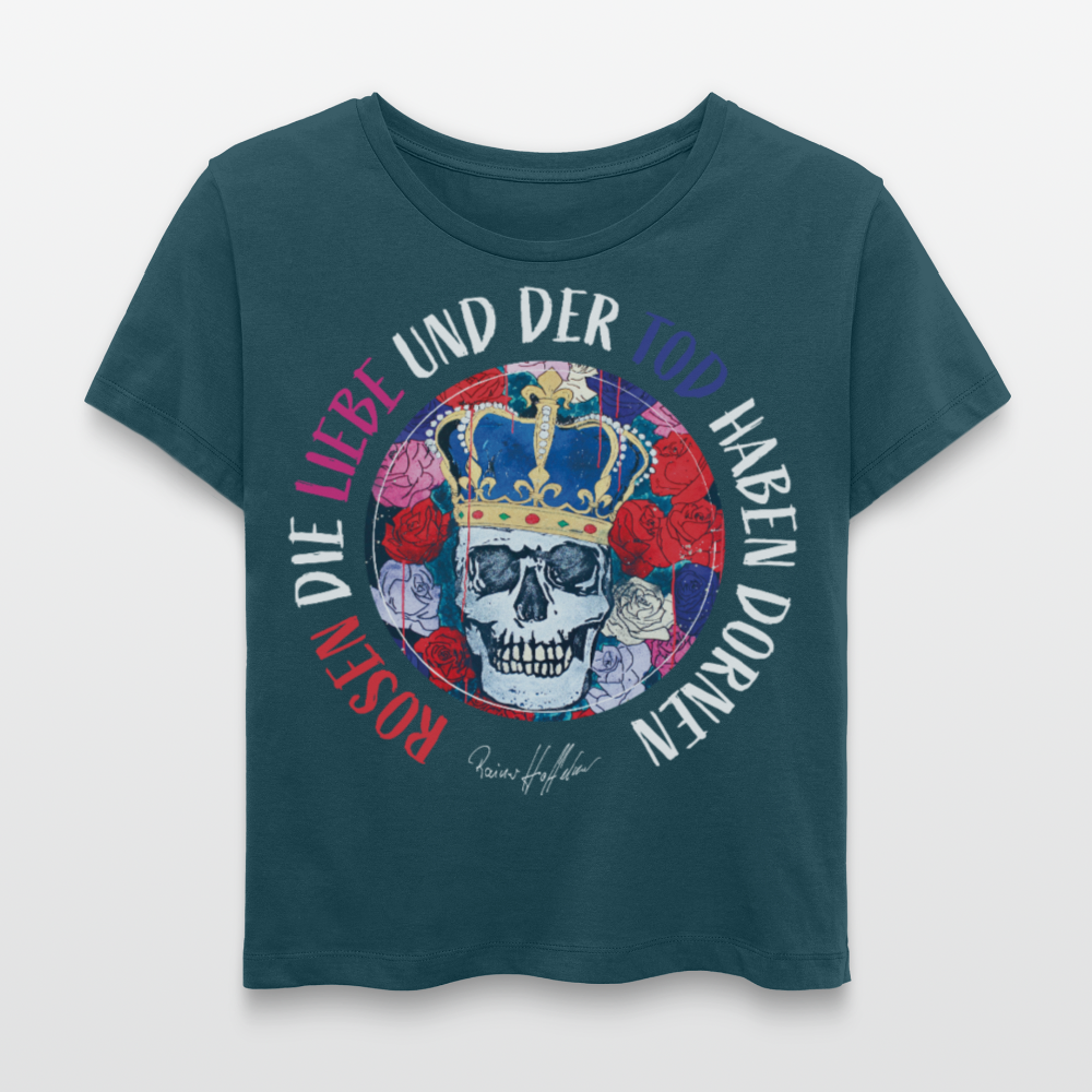 Frauen T-Shirt mit ROSEN DIE LIEBE UND DER TOD HABEN DORNEN PRINT - Dunkles Petrol
