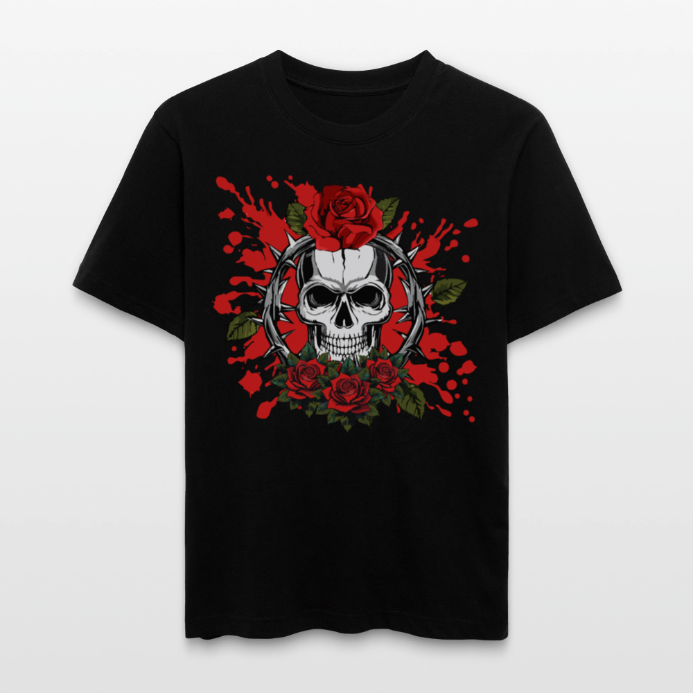 Relaxed Fit Unisex Bio-T-Shirt mit  ROSEN SKULL PRINT Vorderseite - Schwarz