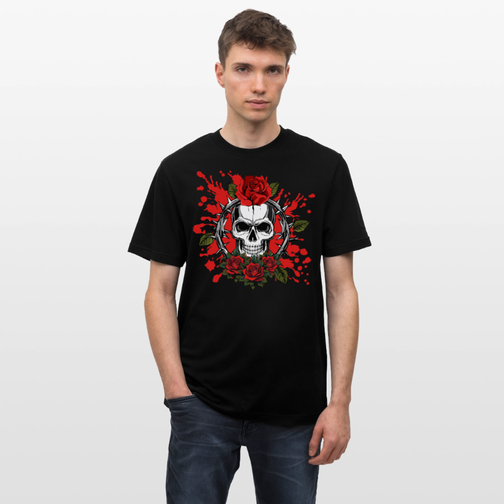 Relaxed Fit Unisex Bio-T-Shirt mit  ROSEN SKULL PRINT Vorderseite - Schwarz