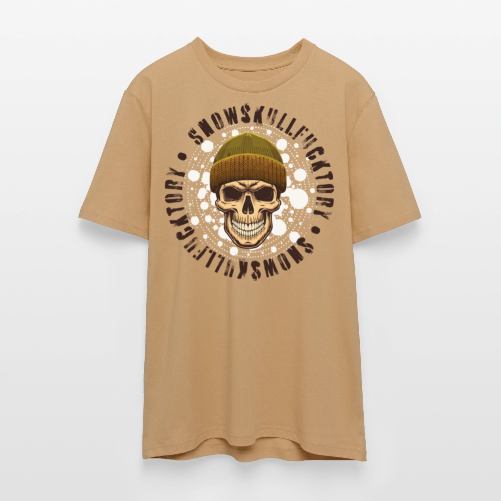 Unisex Bio-T-Shirt mit SNOWSKULL FUCKTORY PRINT Vorderseite - Karamell