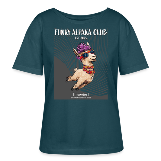 Relaxed Rundhals Frauen Bio-T-Shirt mit FUNKY ALPAKA CLUB PRINT - Dunkles Petrol