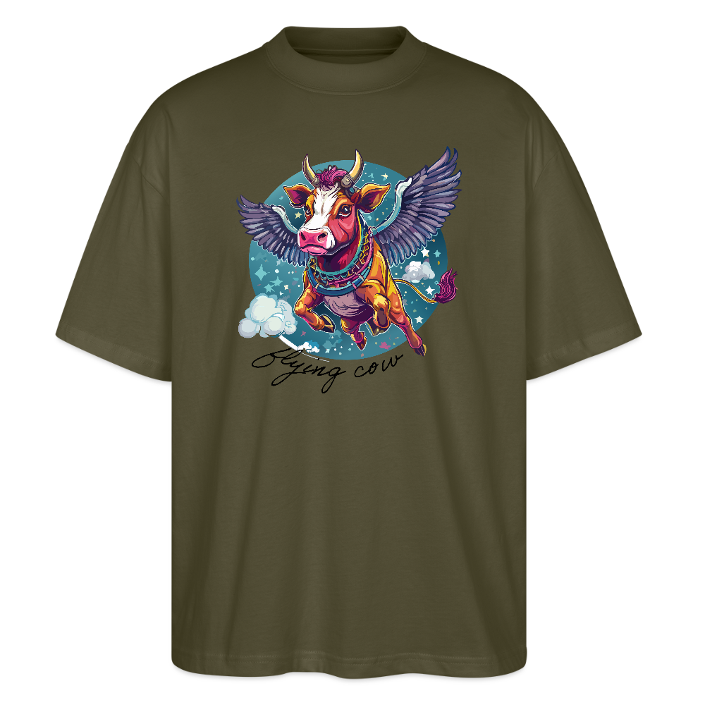 Oversized Unisex T-Shirt mit FLYING COW PRINT - Khaki