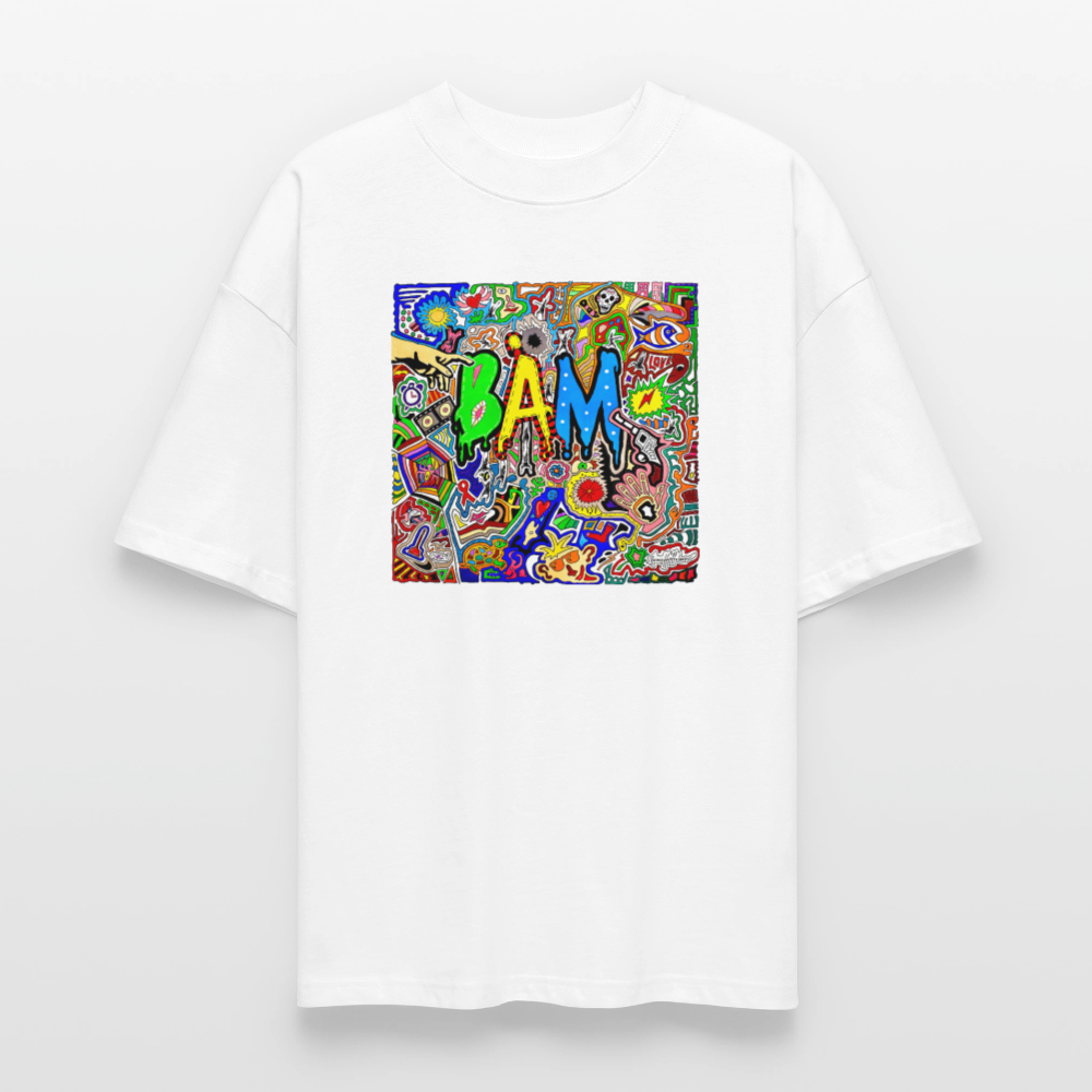 Oversized Unisex Bio T-Shirt mit BÄM PRINT Vorderseite - Weiß