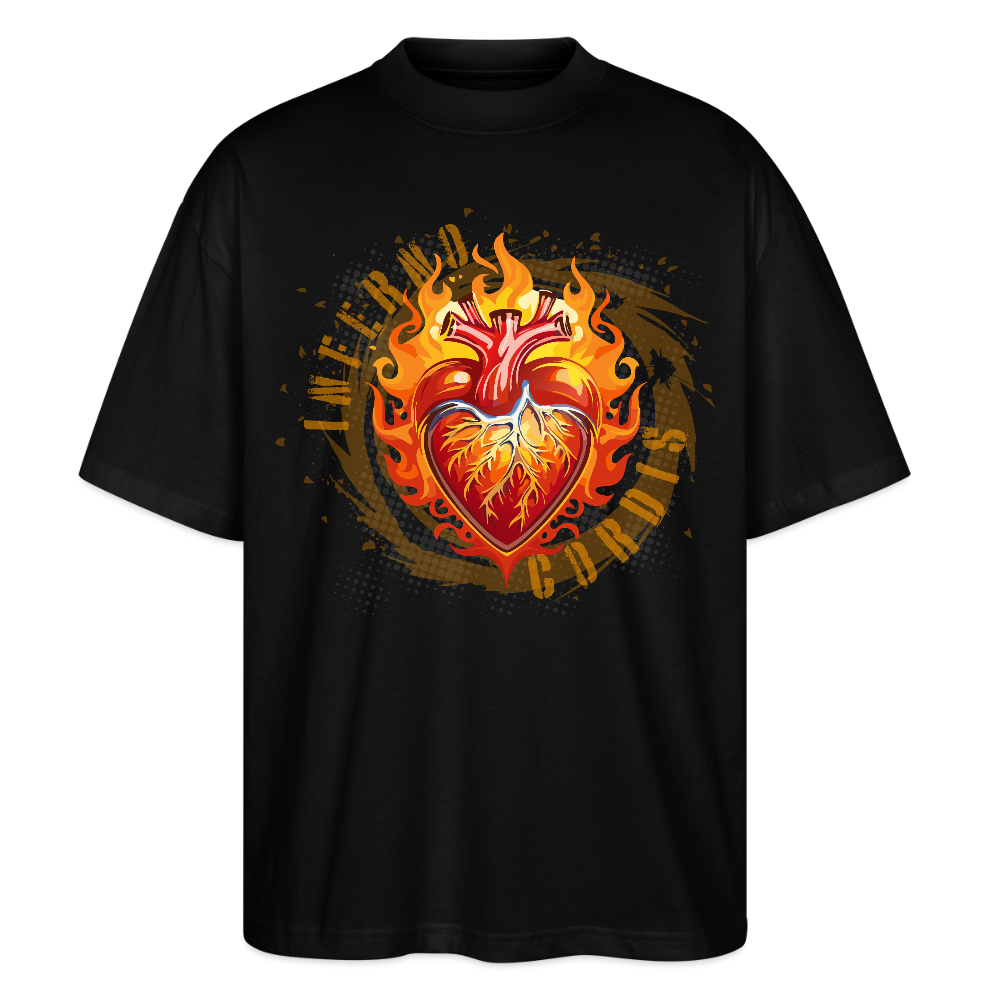 Oversized Unisex Bio T-Shirt mit FEUERHERZ ORANGE PRINT - Schwarz