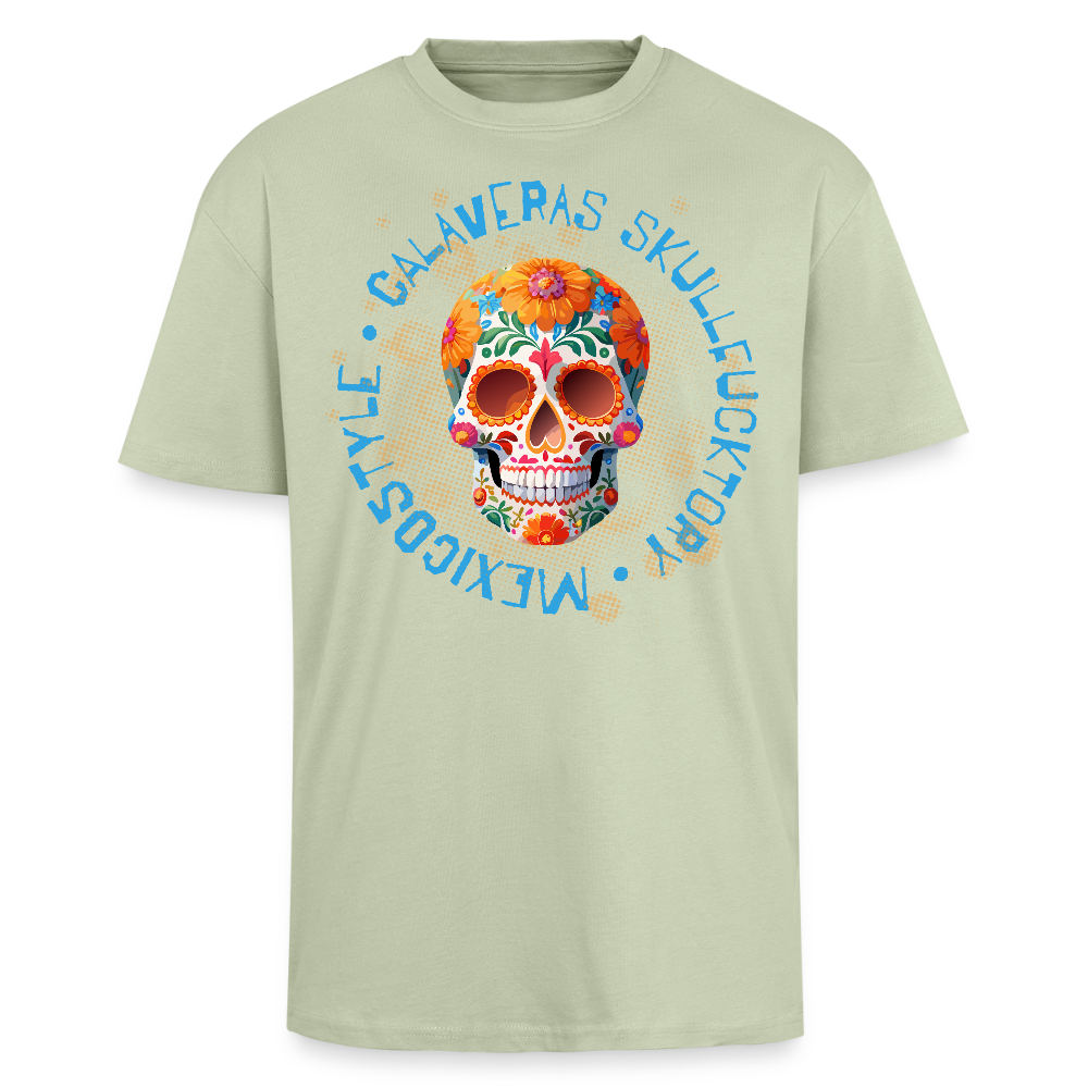 Heavy Oversize T-Shirt mit CALAVERAS SKULL PRINT - Leichtes Salbeigrün