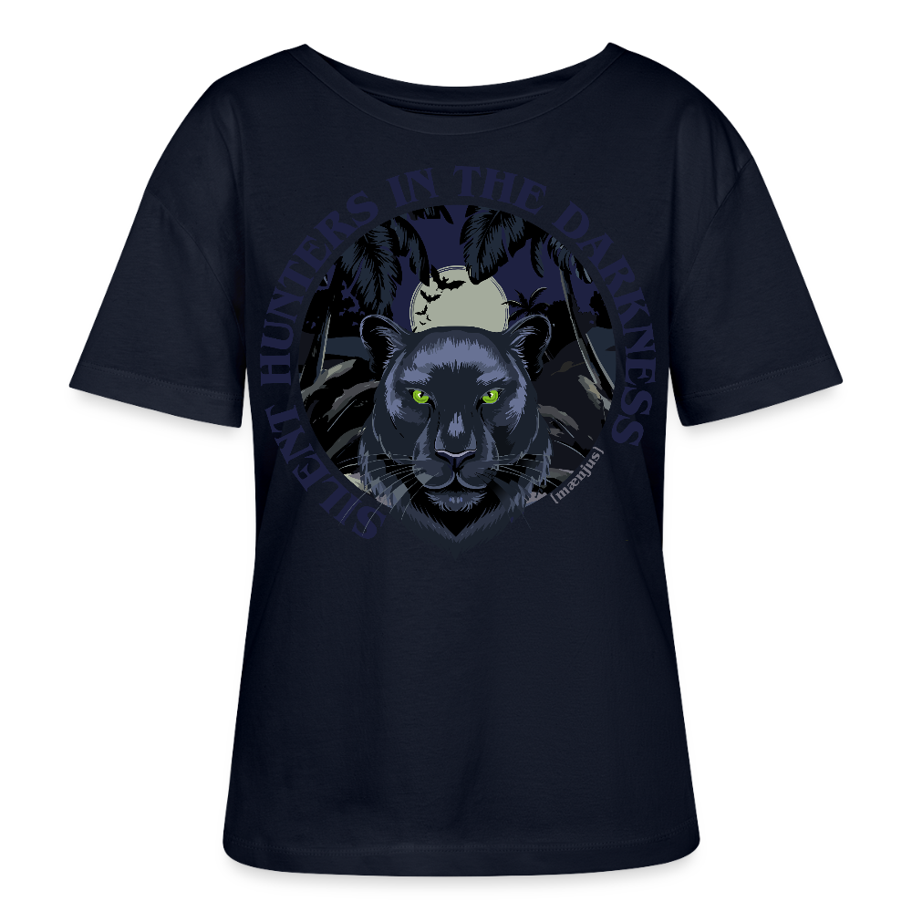 Relaxed Rundhals Frauen Bio-T-Shirt mit SILENT HUNTERS IN THE DARKNESS PRINT Vorderseite - Navy