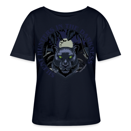Relaxed Rundhals Frauen Bio-T-Shirt mit SILENT HUNTERS IN THE DARKNESS PRINT Vorderseite - Navy